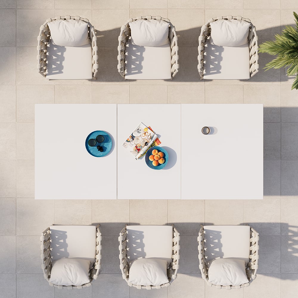 6místná výsuvná zahradní jídelní souprava odolná proti povětrnostním vlivům v bílé barvě vyrobená z hliníku a ratanu obrázek okna