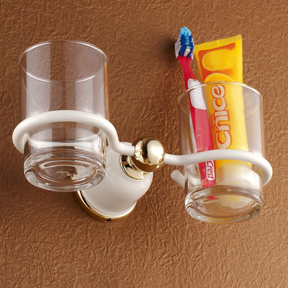 Two Small Toothbrush Holder Wall Mounted for Bathroom with Glass Copper in Gold Finish window image