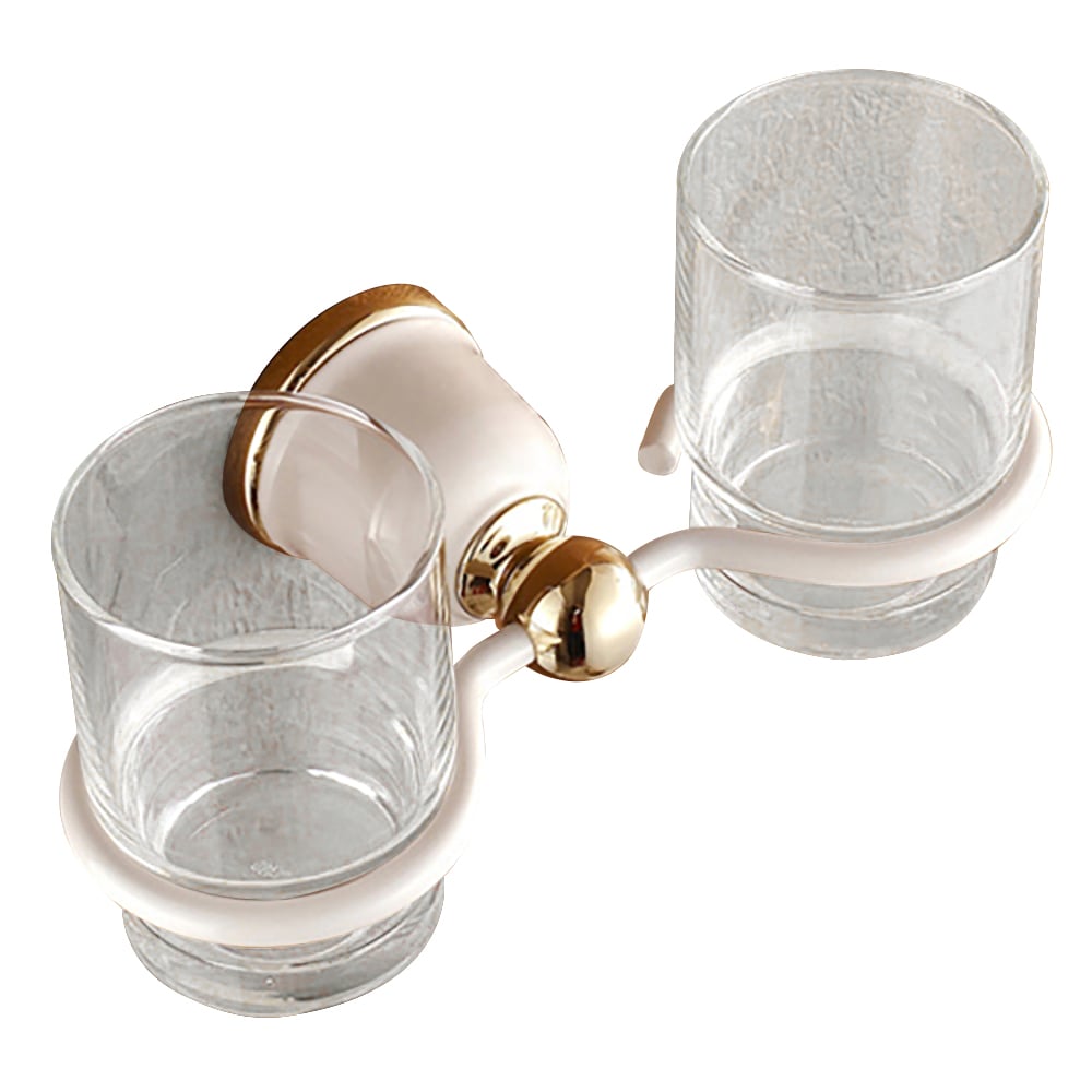 Two Small Toothbrush Holder Wall Mounted for Bathroom with Glass Copper in Gold Finish window image