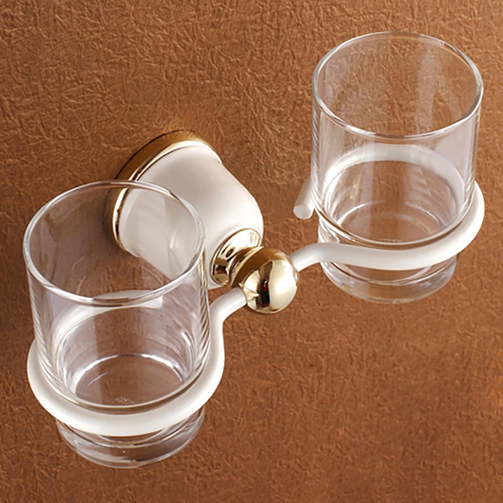 Two Small Toothbrush Holder Wall Mounted for Bathroom with Glass Copper in Gold Finish window image