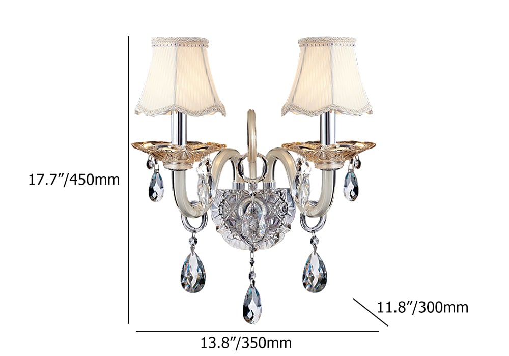 Applique murale à 2 lumières en cristal et chrome de style rustique avec abat-jour beiges Poids, dimensions, image