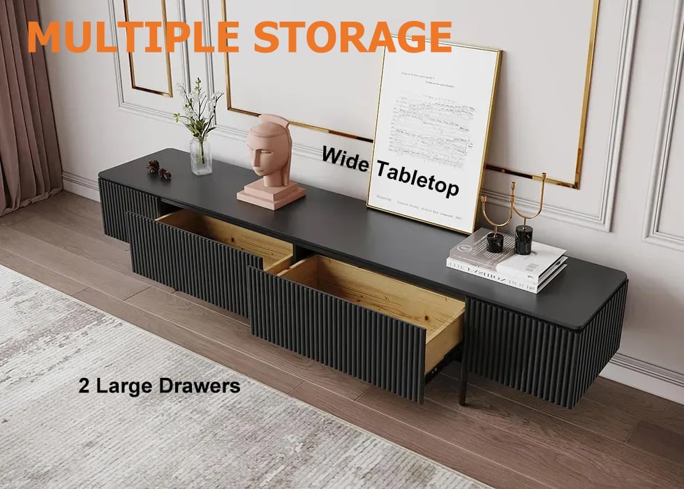 TV cabinet with ribbed front with 2 drawers of 200 cm in black color window image