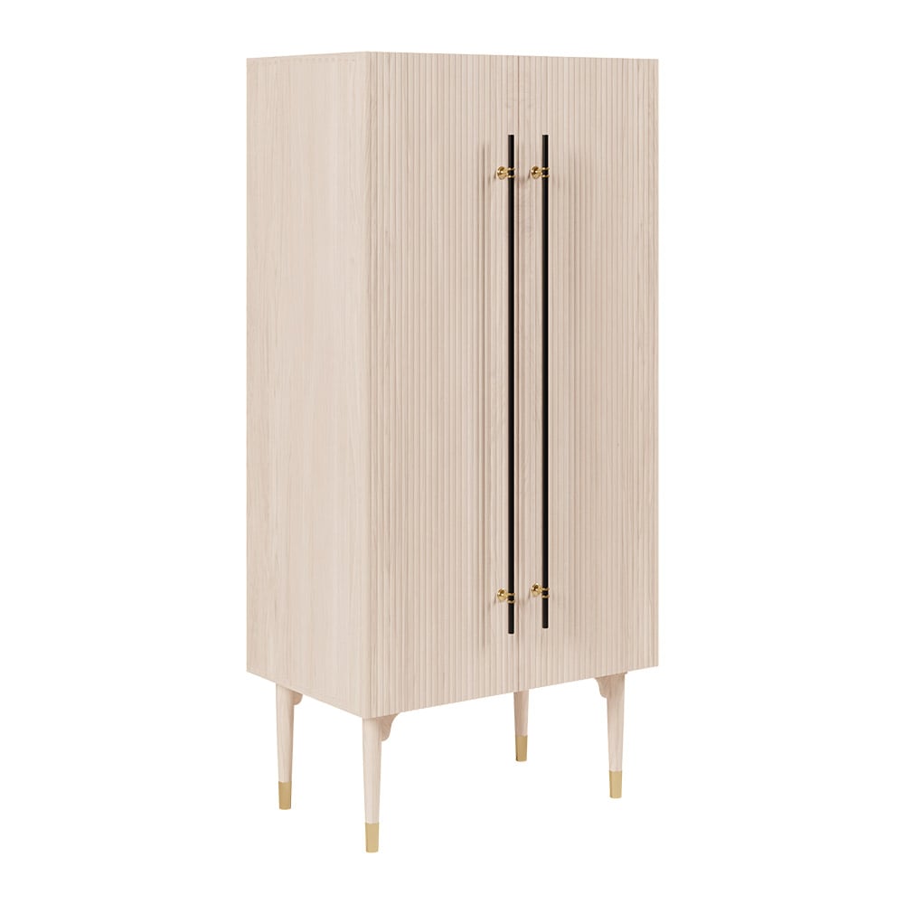 Fluted Washed White Armoire Wardrobe Closet Clothing Organizer Cabinet with 2 Doors 