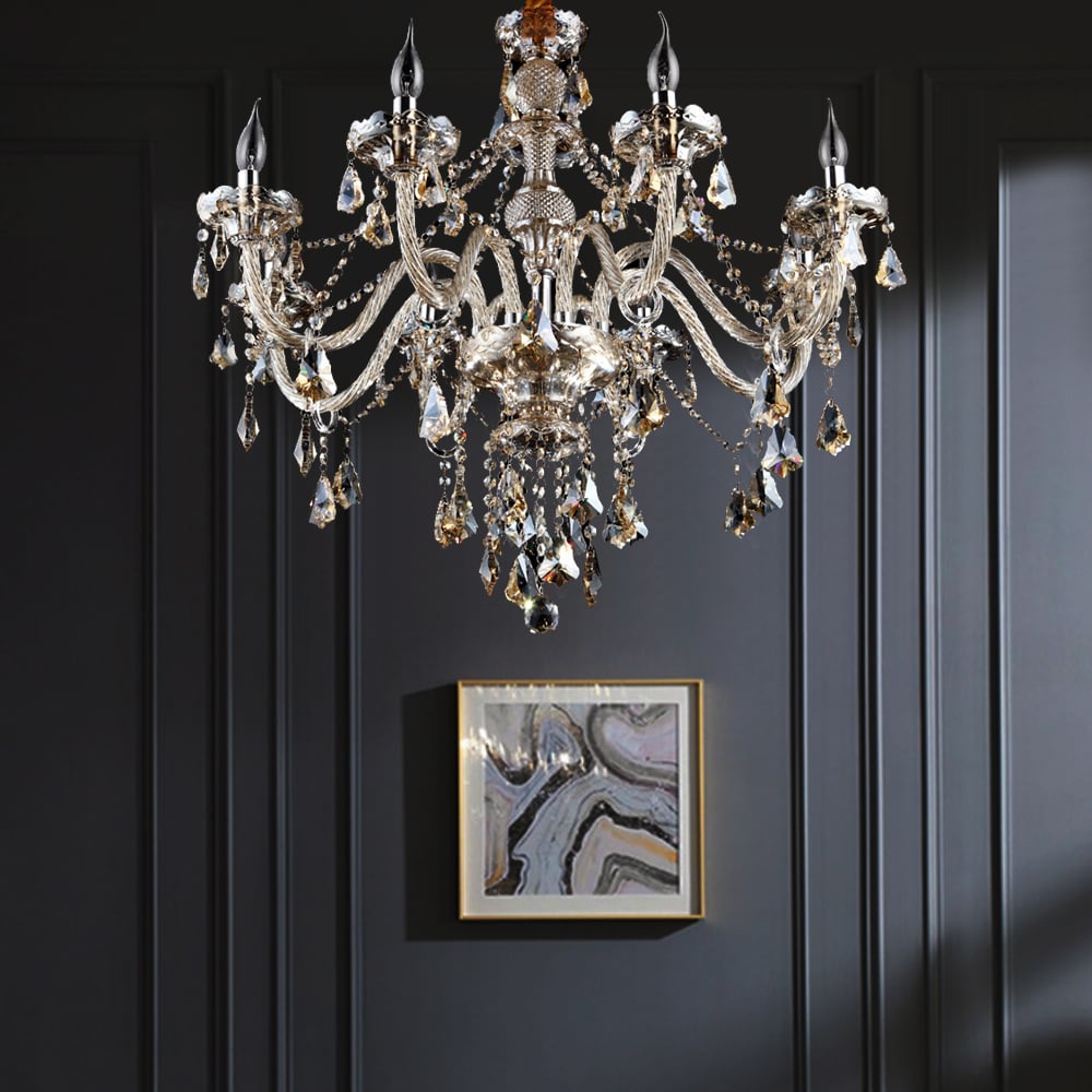 Lustres en cristal et chrome à 8 lumières, éclairage de plafond de style luxueux avec tringle image de fenêtre