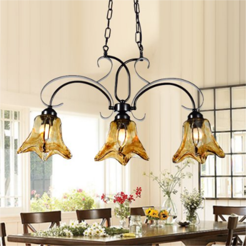 3-Light Black & Brown Pendant Light Metal Glass Ceiling Light window image