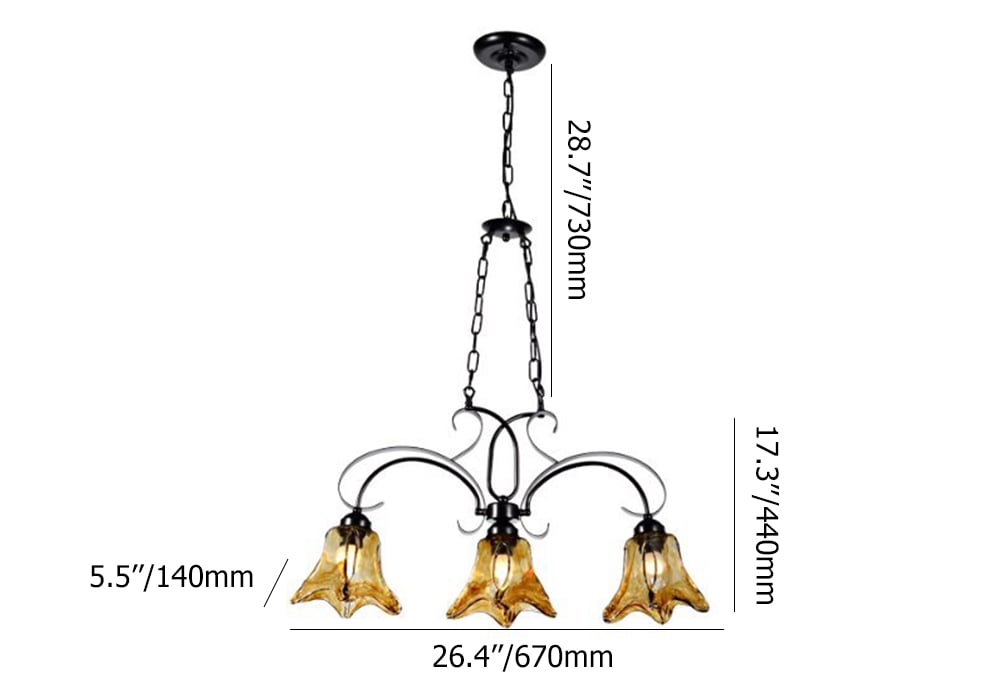 3-Light Black & Brown Pendant Light Metal Glass Ceiling Light weights dimensions image