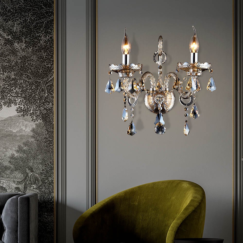 Applique murale à 2 ampoules en cristal et chrome, champagne, luxe et style bougie image de fenêtre