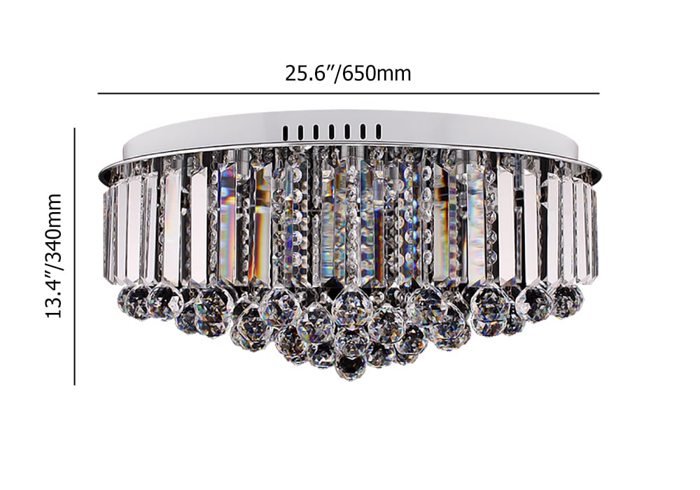 Plafonnier rond encastré moderne en cristal à 15 lumières de 650 mm, chromé, pour salon Poids, dimensions, image
