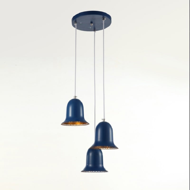 Moderne hanglamp met 3 lampen, aluminium plafondhanglamp in blauwe kleur Vensterafbeelding