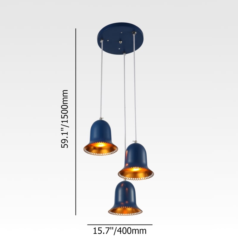 Moderne hanglamp met 3 lampen, aluminium plafondhanglamp in blauwe kleur Vensterafbeelding