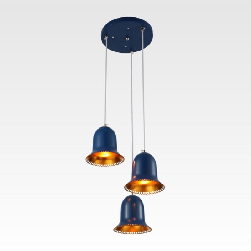Moderne hanglamp met 3 lampen, aluminium plafondhanglamp in blauwe kleur Vensterafbeelding