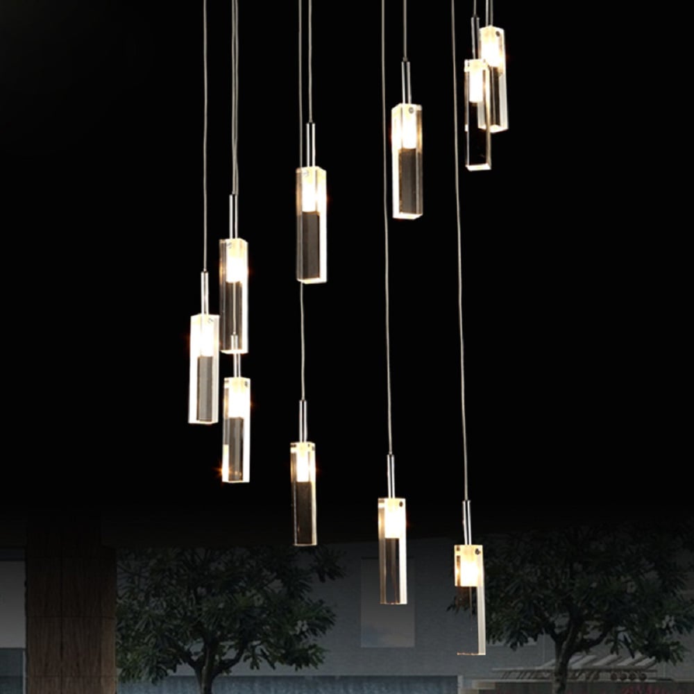 Lampe suspendue moderne à 10 lumières, colonne en verre transparent chromé image de fenêtre
