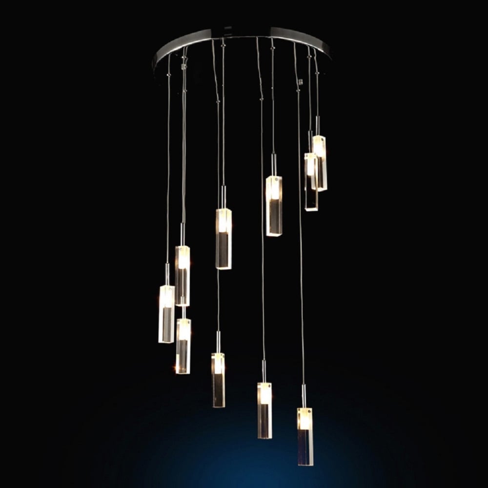 Lampe suspendue moderne à 10 lumières, colonne en verre transparent chromé image de fenêtre