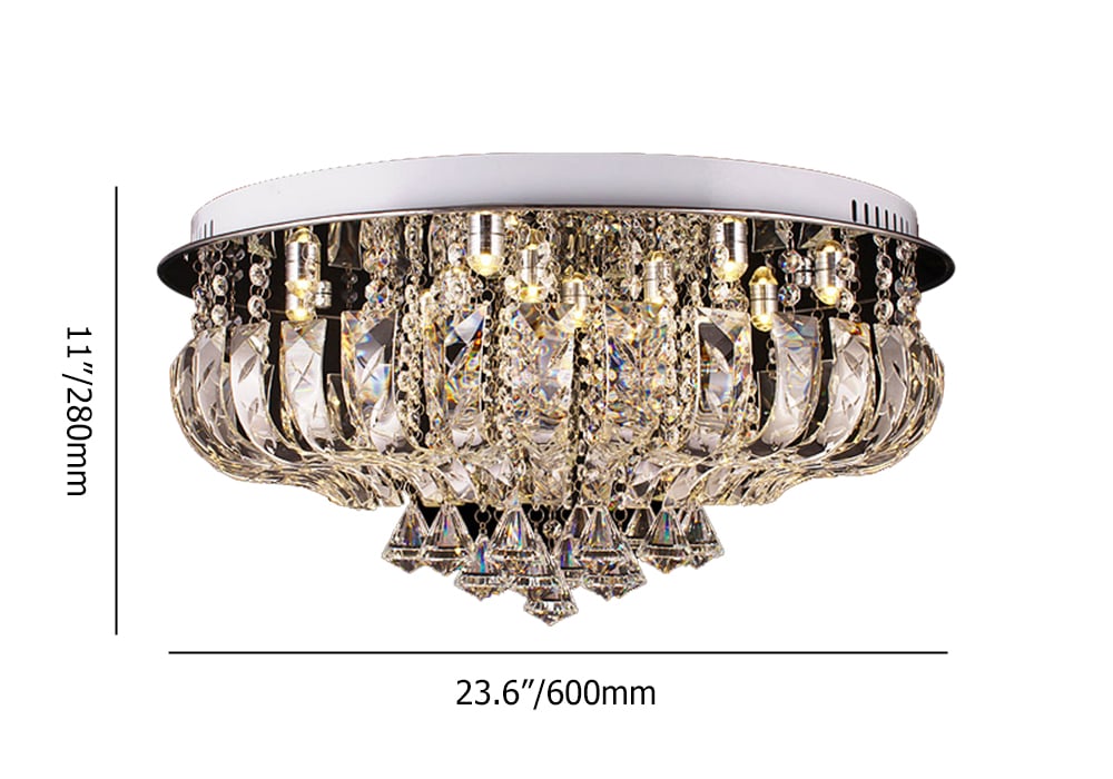 600mm Modern Crystal LED 12-Light Round Flush Mount Raindrop Chandelier in Chrome weights dimensions image