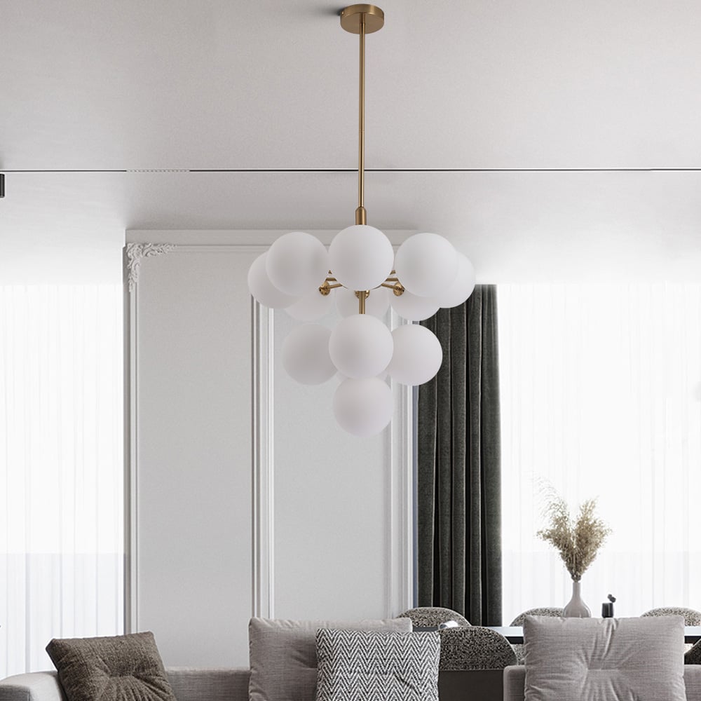 White Frosted Glass Ball Pendant Modernist 9 Bulbs Brass Finish