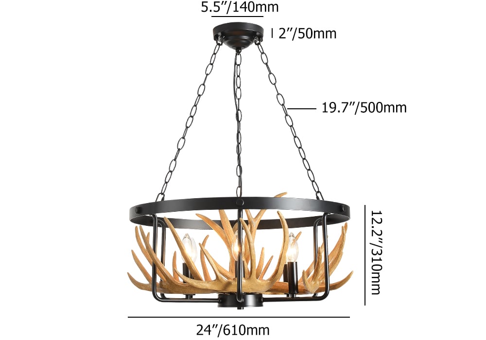 Black 6-Light Resin Deer Horn Antler Rustic Candelabra Ceiling Chandelier Light weights dimensions image