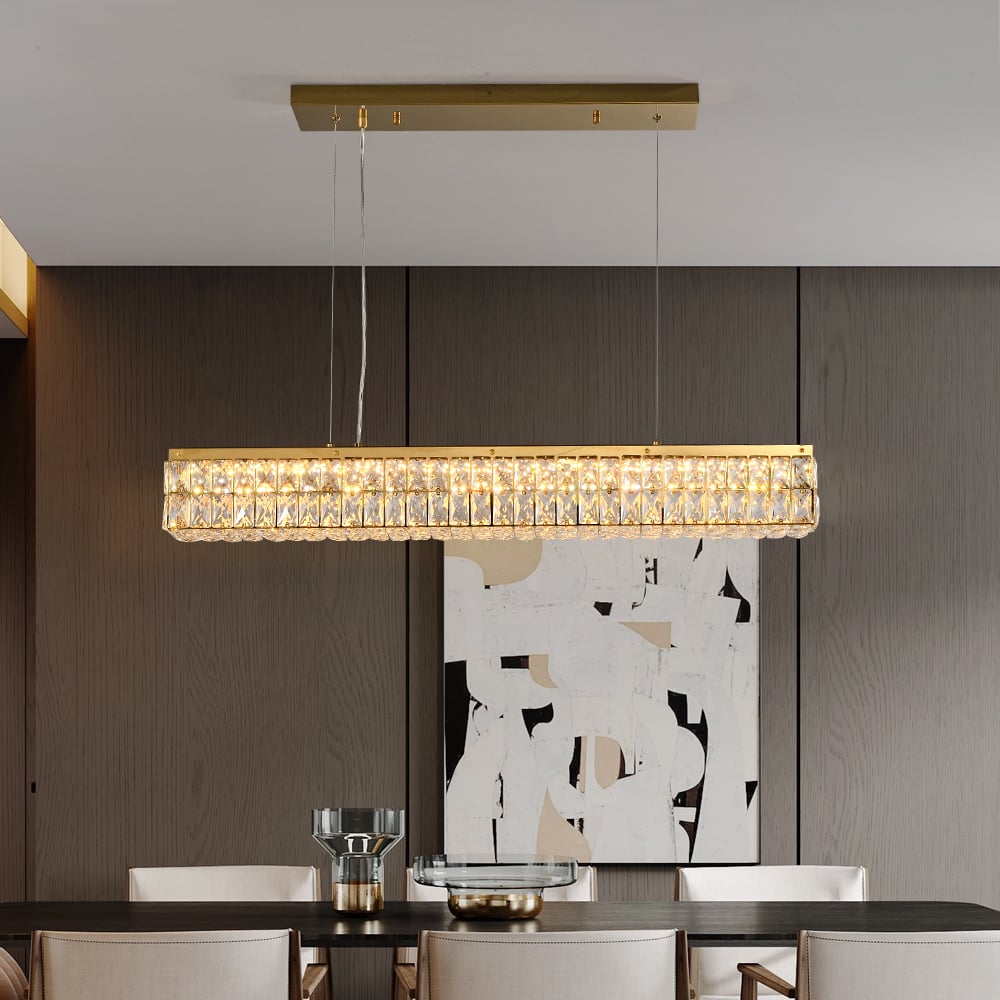 Glam Led Crystal Kitchen Island Light Linear Rectangle Gold Chandelier for Dining Room  window image