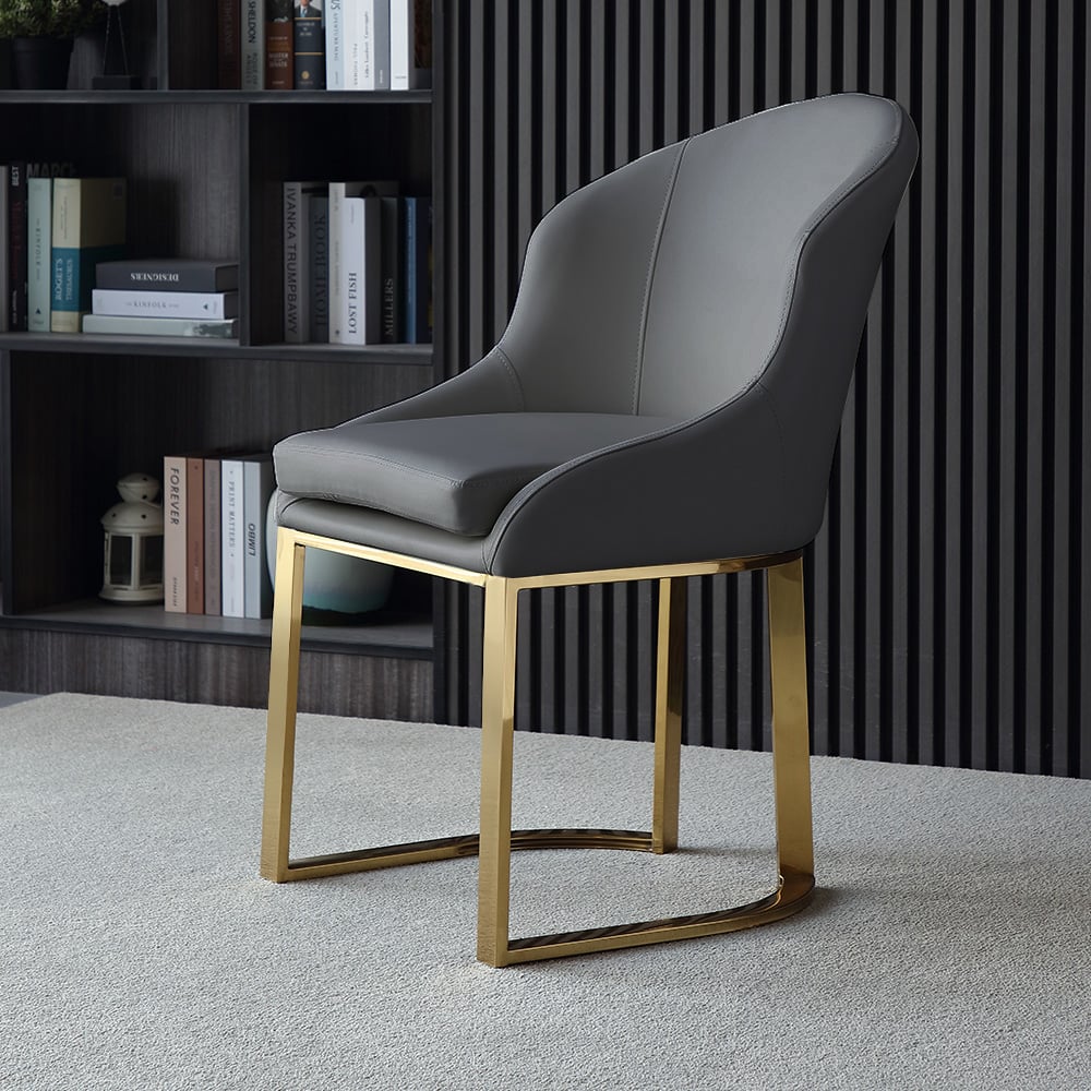 Gray Dining Chair Faux Leather Upholstered Side Chair Gold Frame Set of 2 window image