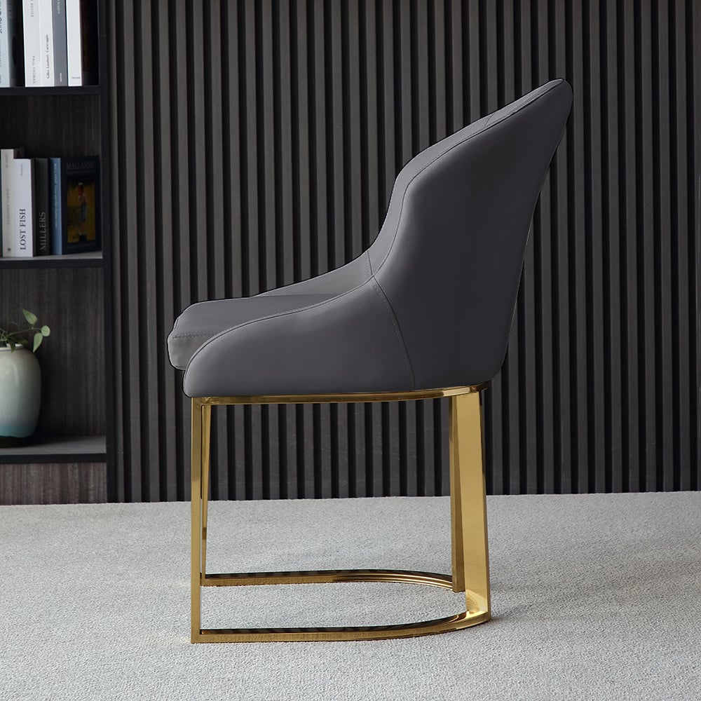 Gray Dining Chair Faux Leather Upholstered Side Chair Gold Frame Set of 2 window image