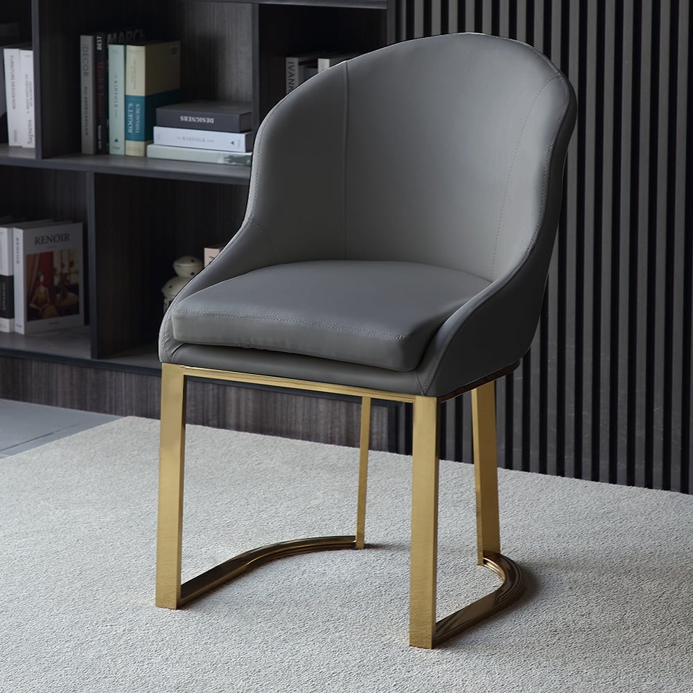 Gray Dining Chair Faux Leather Upholstered Side Chair Gold Frame Set of 2 window image