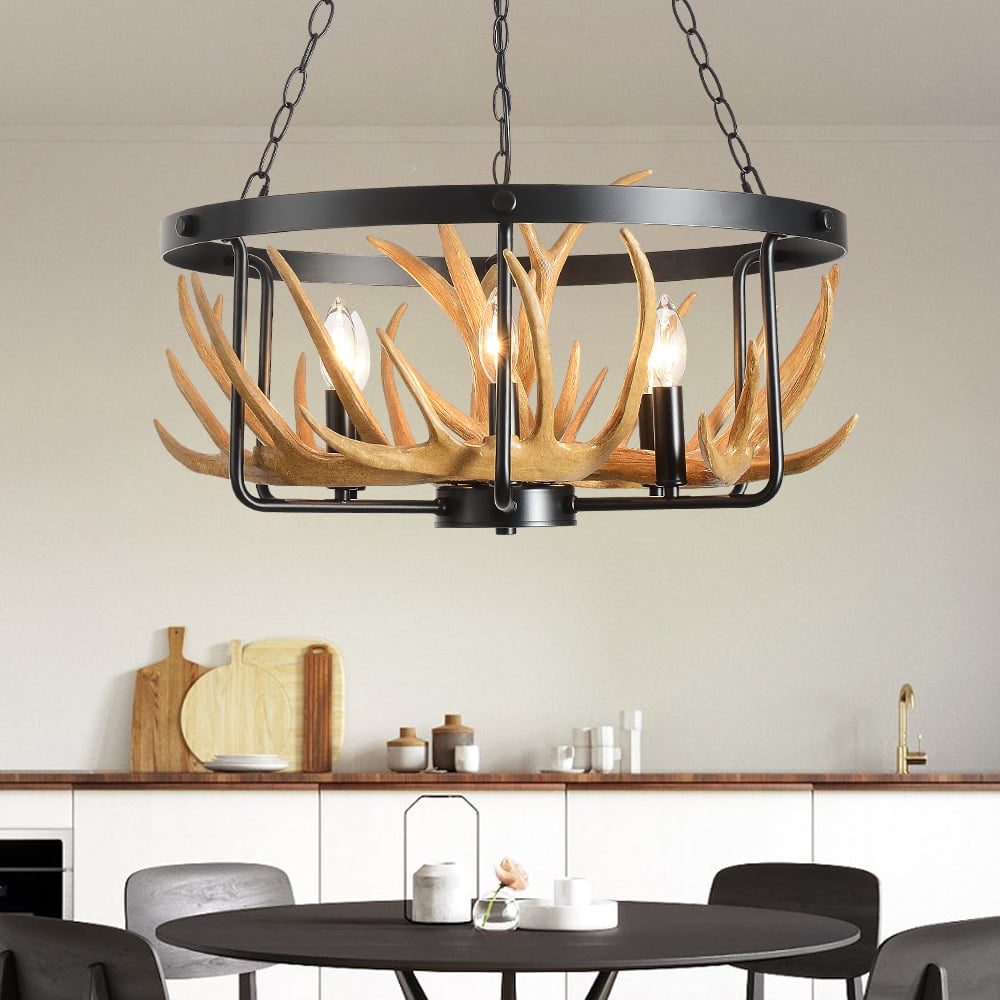 Black 6-Light Resin Deer Horn Antler Rustic Candelabra Ceiling Chandelier Light window image