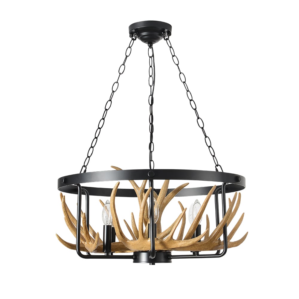 Black 6-Light Resin Deer Horn Antler Rustic Candelabra Ceiling Chandelier Light window image