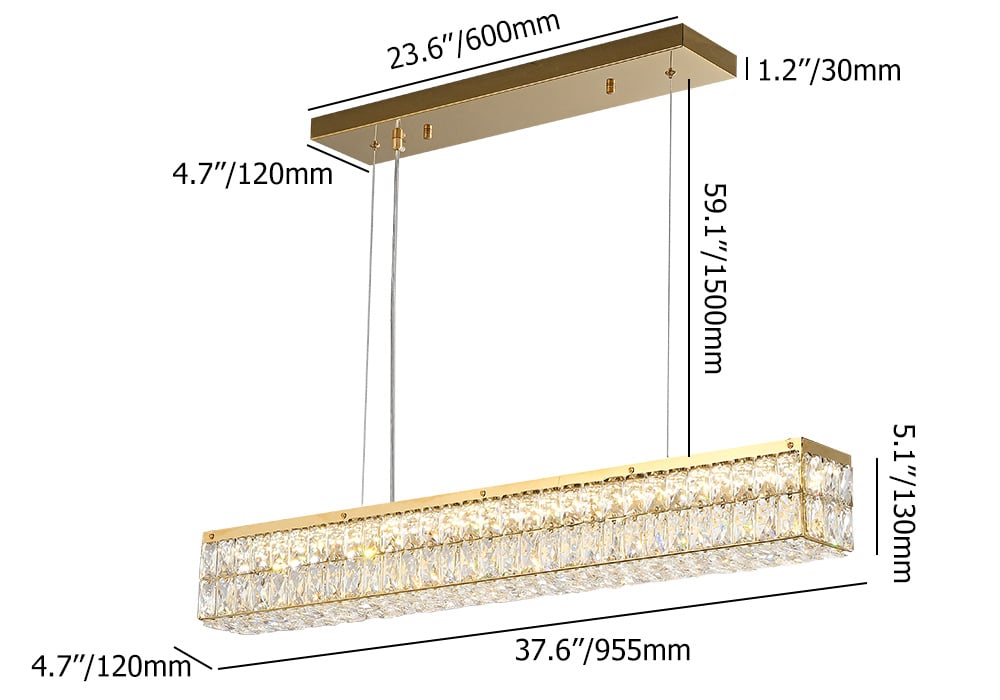 Glam Led Crystal Kitchen Island Light Linear Rectangle Gold Chandelier for Dining Room  weights dimensions image