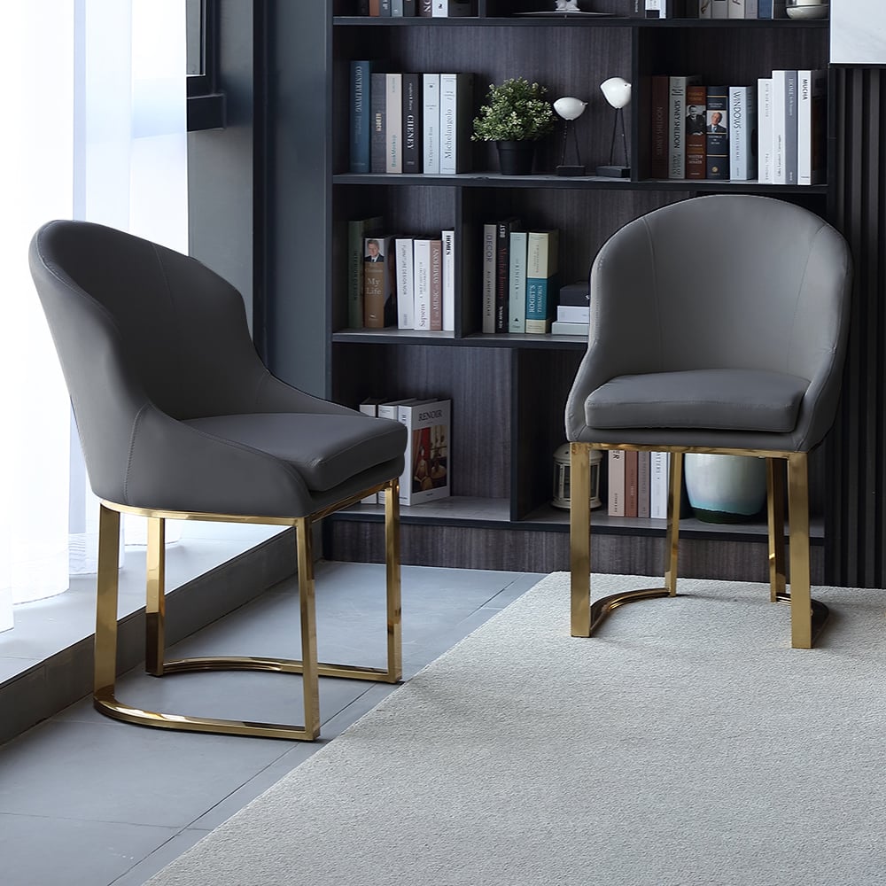 Gray Dining Chair Faux Leather Upholstered Side Chair Gold Frame Set of 2 window image