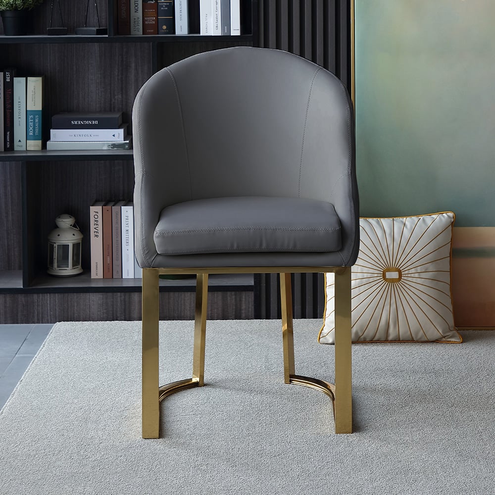 Gray Dining Chair Faux Leather Upholstered Side Chair Gold Frame Set of 2 window image