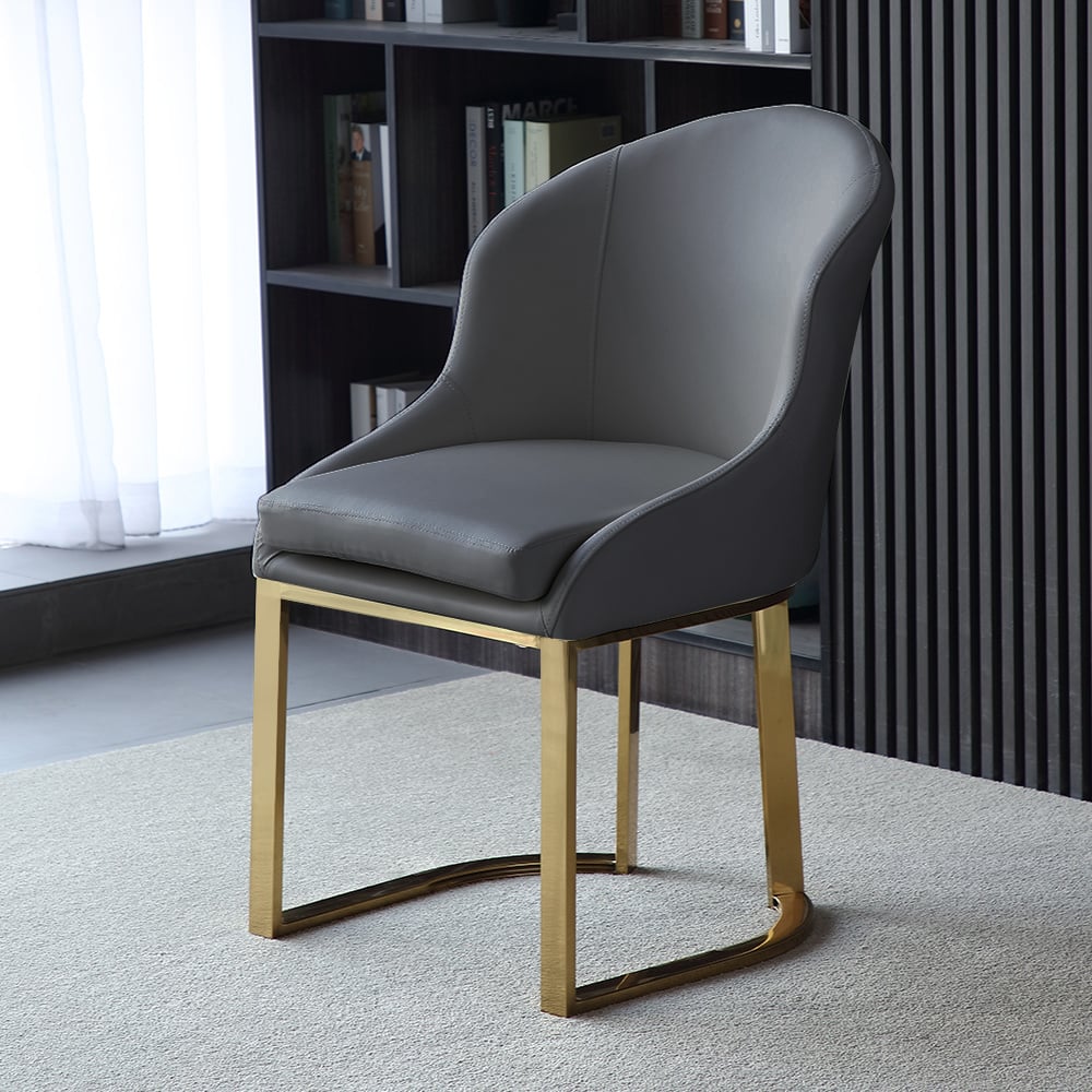 Gray Dining Chair Faux Leather Upholstered Side Chair Gold Frame Set of 2 window image