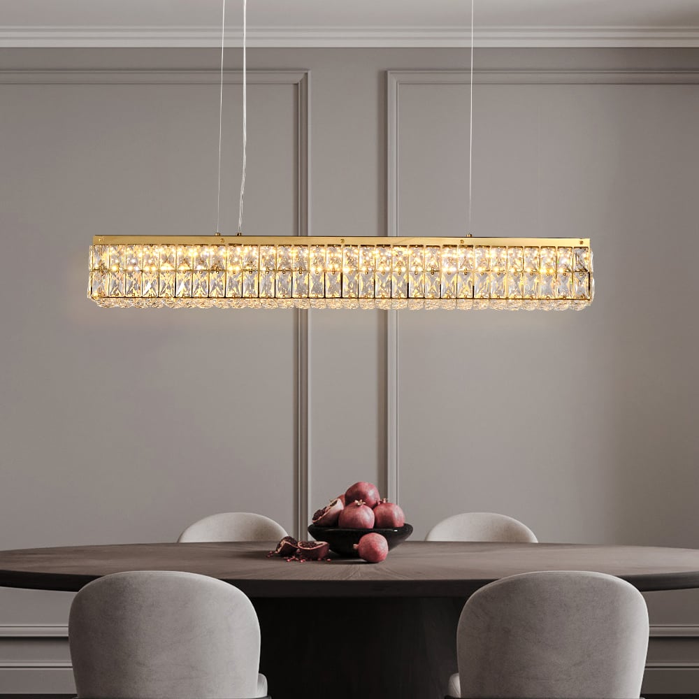 Glam Led Crystal Kitchen Island Light Linear Rectangle Gold Chandelier for Dining Room  window image