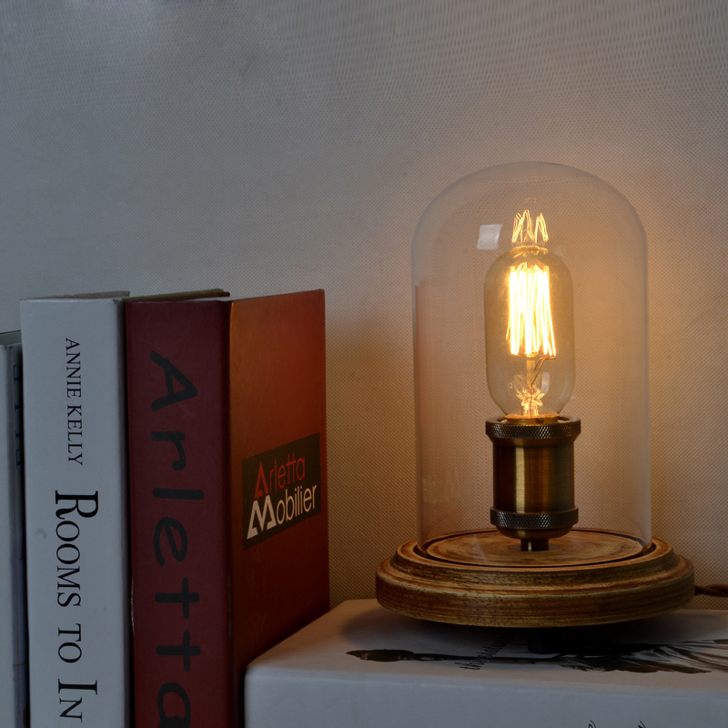 Walnut Bell Glass & Wood Table Lamp window image