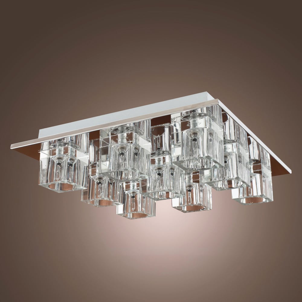 300mm Modern Crystal 9-Light Square Flush Mount Ceiling Light in Chrome for Living Room window image