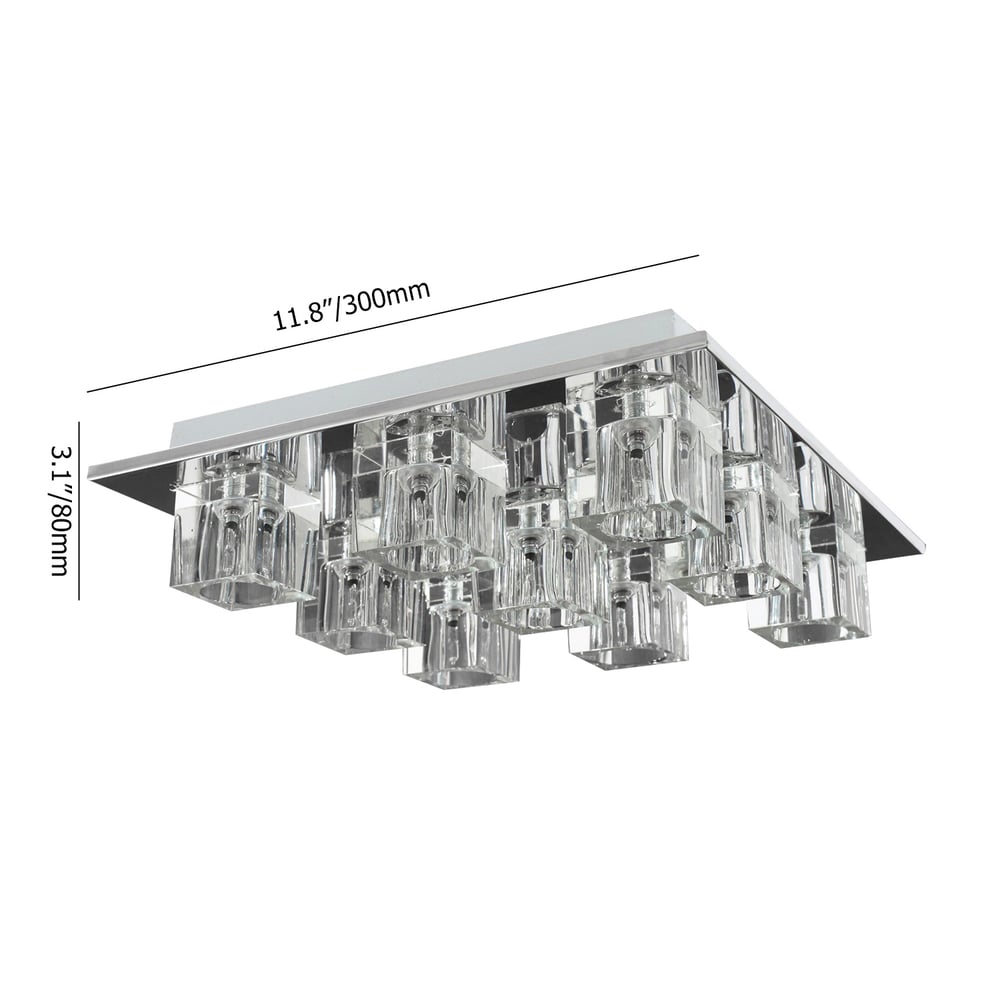 300mm Modern Crystal 9-Light Square Flush Mount Ceiling Light in Chrome for Living Room weights dimensions image