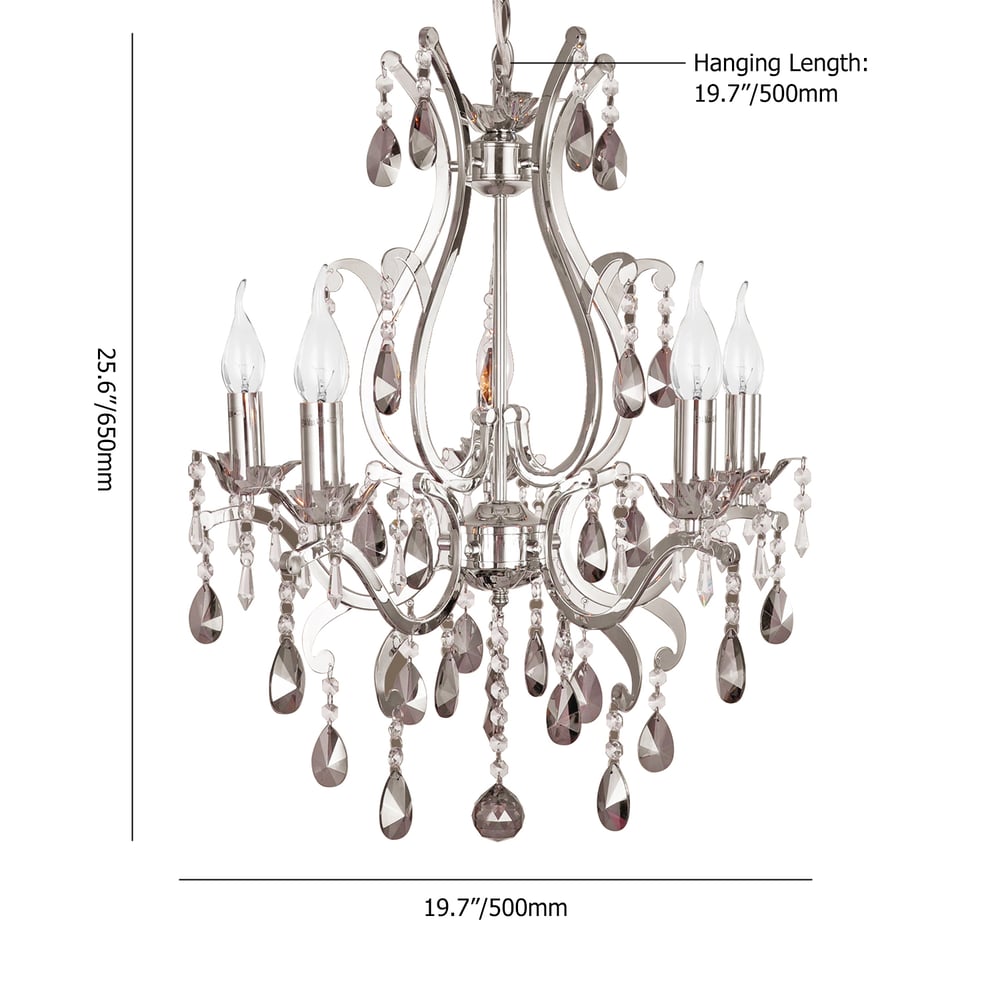 5-Light Smokey Grey Crystal & Chrome Chandeliers Ceiling Lighting with Chain weights dimensions image