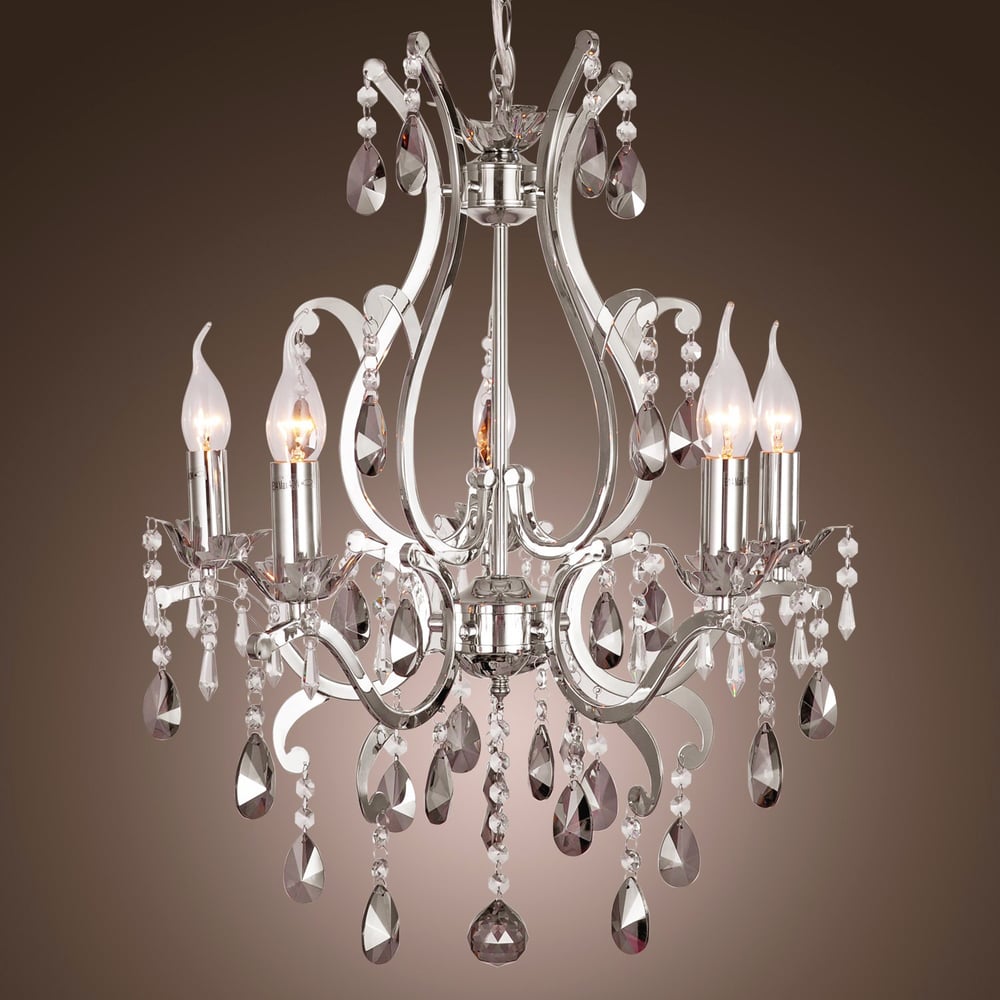 5-Light Smokey Grey Crystal & Chrome Chandeliers Ceiling Lighting with Chain window image