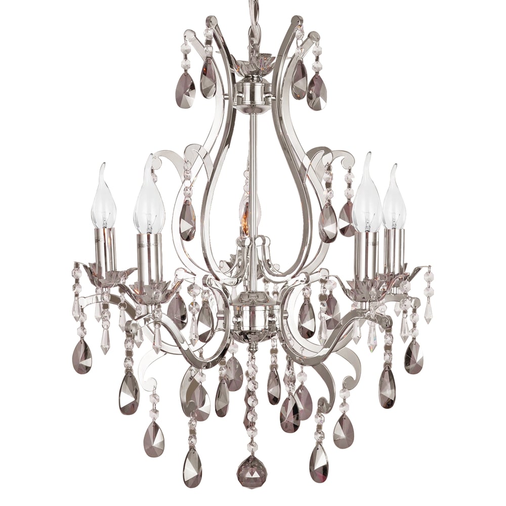 5-Light Smokey Grey Crystal & Chrome Chandeliers Ceiling Lighting with Chain window image