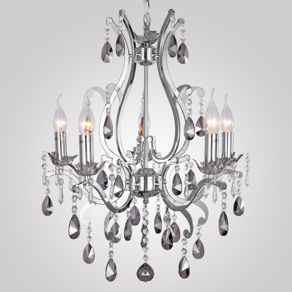 5-Light Smokey Grey Crystal & Chrome Chandeliers Ceiling Lighting with Chain window image
