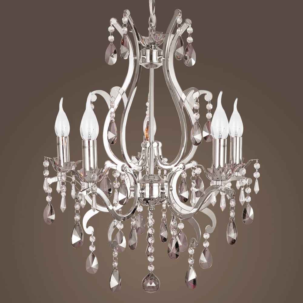 5-Light Smokey Grey Crystal & Chrome Chandeliers Ceiling Lighting with Chain window image