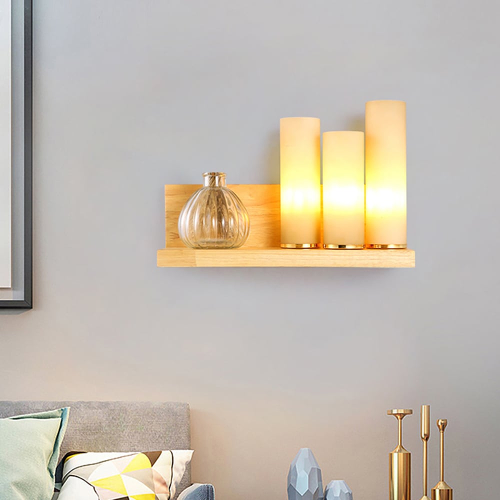 3-Light Wood & Glass Wall Light Bedroom Light window image