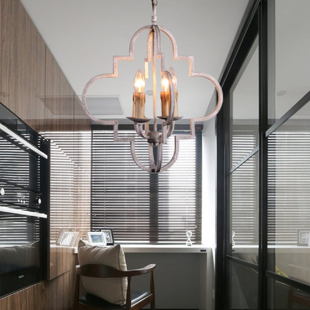 French Country Weathered Metal 4-Light Candle-Style Chandelier in Antique White window image