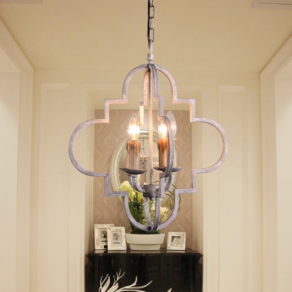 French Country Weathered Metal 4-Light Candle-Style Chandelier in Antique White window image