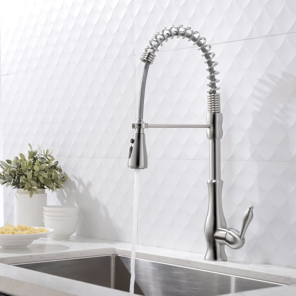 Modern Pull-Out Spring Sprayer Kitchen Sink Faucet Solid Brass  in Polished Chrome window image