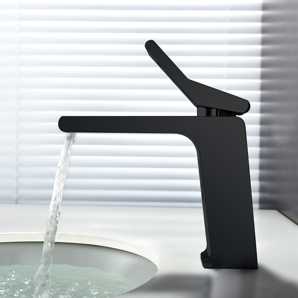 Modern Single Handle One Hole Waterfall Bathroom Sink Faucet Solid Brass in Black window image