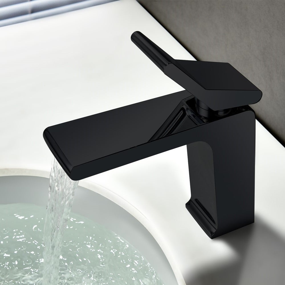 Modern Single Handle One Hole Waterfall Bathroom Sink Faucet Solid Brass in Black window image