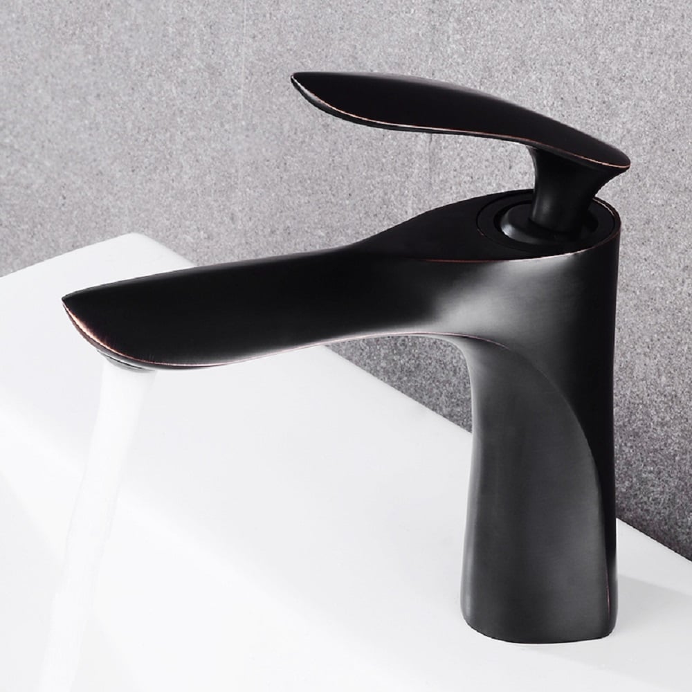 Grifo de lavabo de baño de un solo orificio de diseño simple y moderno de latón macizo en negro envejecido Imagen de ventana
