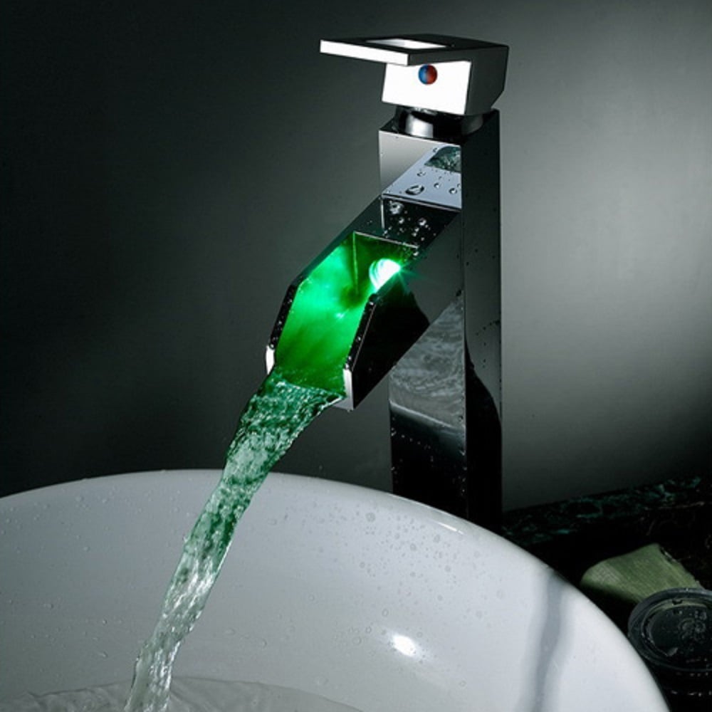 LED Modern Waterfall 1-Handle Single Hole Faucet Bathroom Sink Faucet in Chrome Finish window image