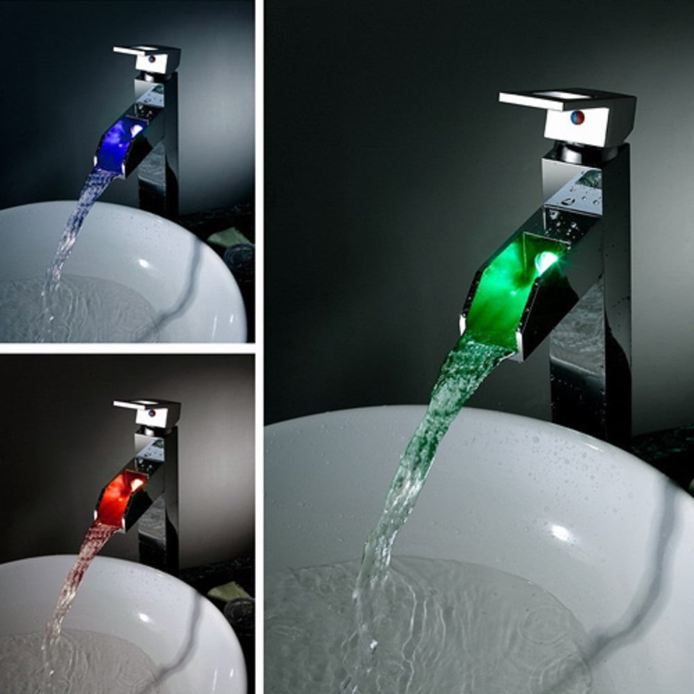 LED Modern Waterfall 1-Handle Single Hole Faucet Bathroom Sink Faucet in Chrome Finish window image