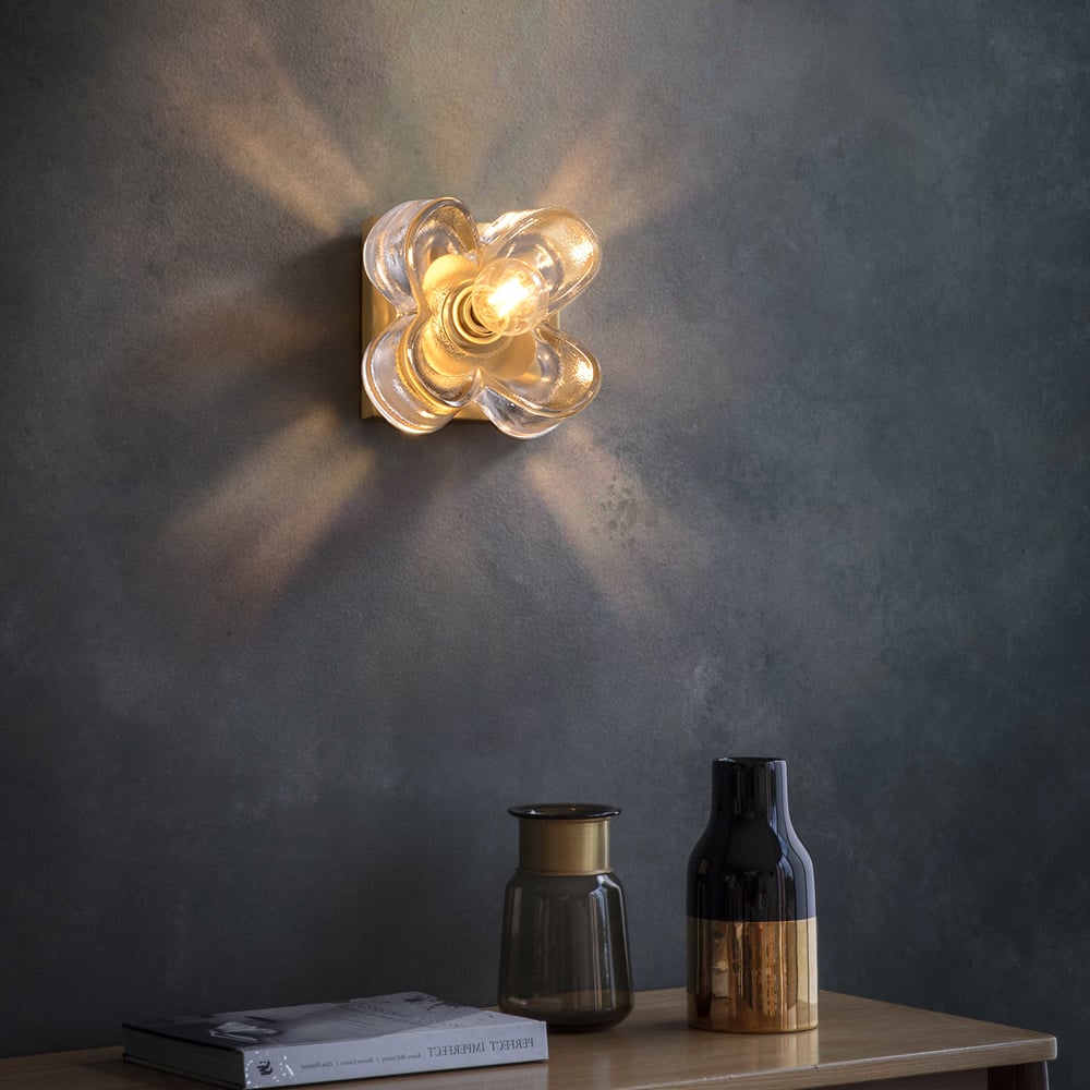 Brass Wall Sconce with Glass Floral Shade Golden Wall Light for Bedroom Deco window image