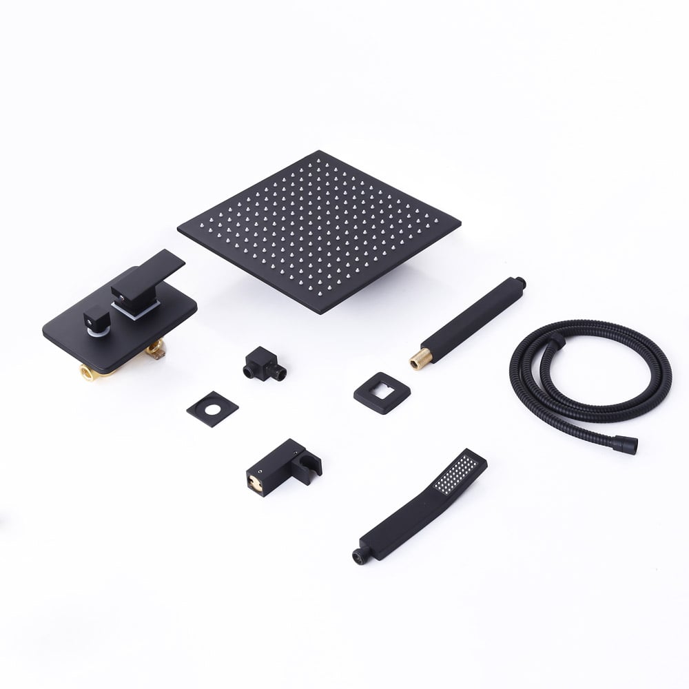 Modern Black 10" Square Wall Mounted Shower System with Handheld Shower Solid Brass window image
